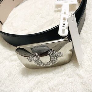 True Religion Plated Silvertone Logo Faux Leather Belt Women’s